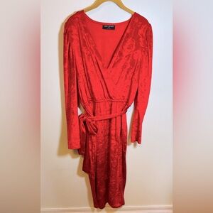 Lane Bryant Red Crushed Velvet‎ Faux Wrap Dress Belted Rose Print 14/16